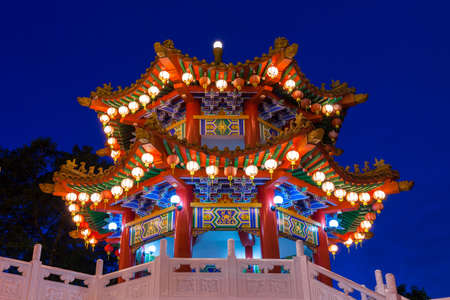 Dusk view of Thean Hou Temple illuminated for the Mid-Autumn festival in Kuala Lumpur, Malaysia.の写真素材