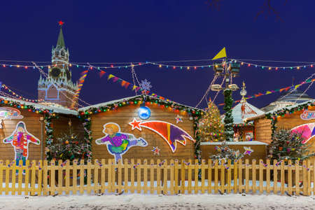 Moscow, Russia - December 08, 2015: View of the Spasskaya Kremlin Tower with Christmas market on the foreground on December 08, 2016 in Moscow, Russiaのeditorial素材