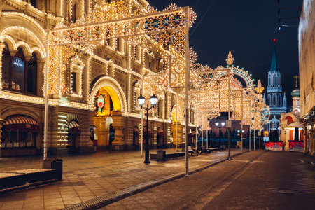 Moscow, Russia - December 18, 2016:  Night view of the Christmas decorations at Nikolskaya street on December 18, 2016 in Moscow, Russiaのeditorial素材