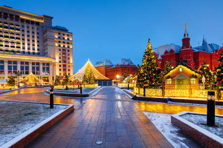 The State Historical Museum and The Moskva Hotel with Christmas decorations on the foreground, Moscow, Russiaのeditorial素材