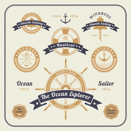 Vintage nautical labels set on light background. Icons and design elements.のイラスト素材