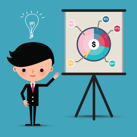 Business man characters presentation pie graph with idea bulb.のイラスト素材