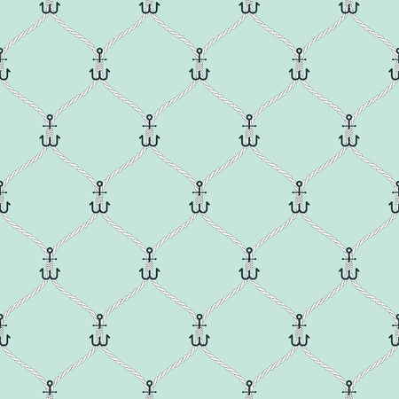 Nautical rope and small anchors seamless fishnet pattern on light blue backgroundのイラスト素材