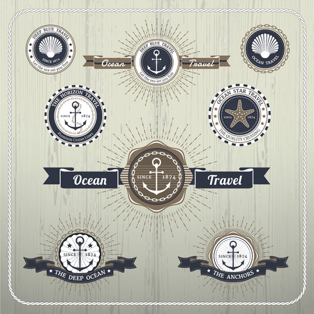 Illustration pour Nautical anchor travel labels with ray burst and ribbon on wood background - image libre de droit