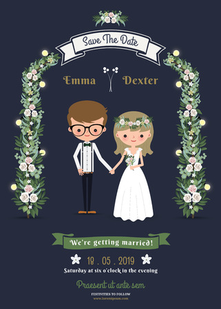 Rustic romantic cartoon couple wedding card on dark blue background