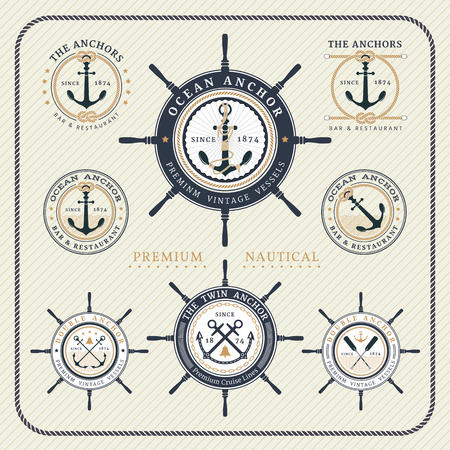 Vintage nautical steering wheel and anchor labels set on striped backgroundのイラスト素材