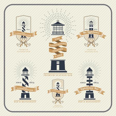 Vintage nautical lighthouse and ribbon labels set on striped backgroundのイラスト素材