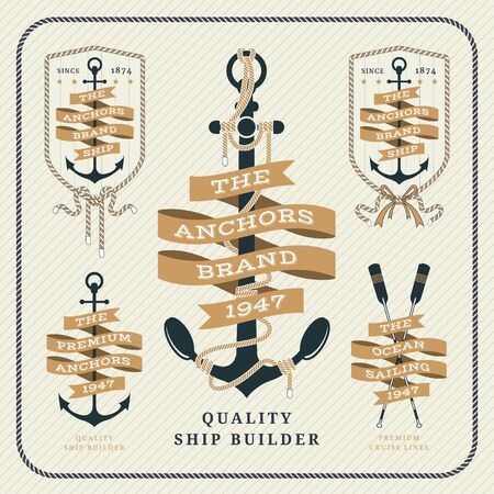 Vintage nautical anchor and ribbon labels set on striped backgroundのイラスト素材