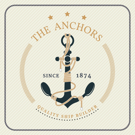 Vintage nautical anchor and tied rope label on striped backgroundのイラスト素材