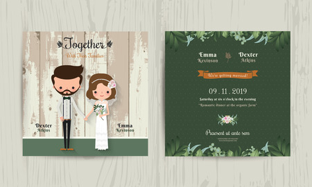 Wedding invitation card cartoon hipster bride and groom on wood backgroundのイラスト素材