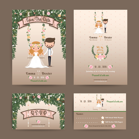 Rustic wedding cartoon bride and groom couple invitation RSVP set