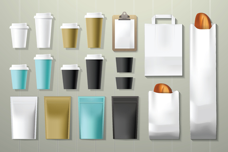 Coffee shop and restaurant corporate identity packaging mock up template on wood backgroundのイラスト素材