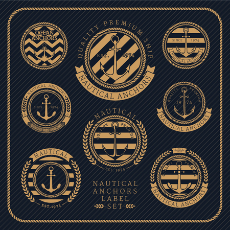 Vintage nautical anchors label set on dark striped background. Icons and design elements.のイラスト素材