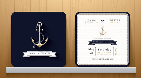 Vintage Nautical Anchors Wedding Invitation Card in Navy Blue Theme on Wood Backgroundのイラスト素材