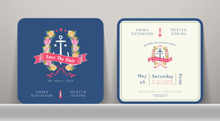Nautical wedding save the date card with floral and anchor ornaments on wood backgroundのイラスト素材