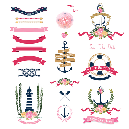Nautical wedding theme with floral and anchor ornaments on white backgroundのイラスト素材