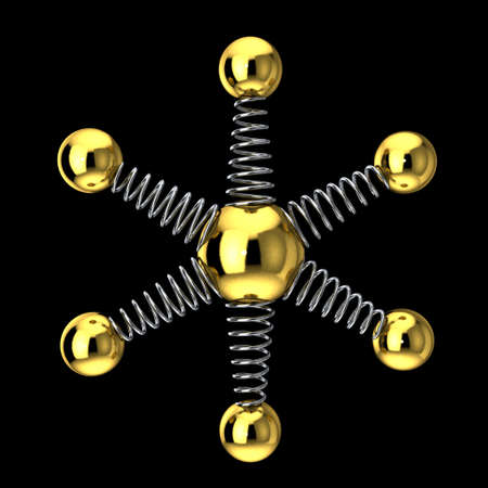 Metal sphere connected by springs.Isolated on black background.3D rendering illustration.の写真素材