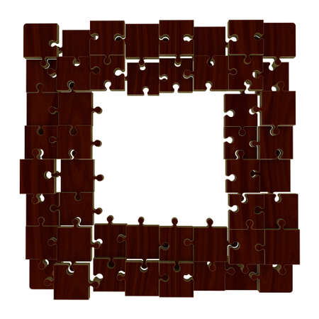 Puzzle frame in form of square.Wooden puzzle.Isolated on white background.3D rendering illustration.の写真素材