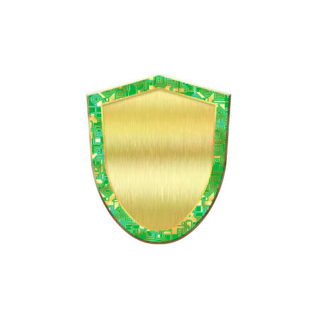 Metal badge with border in form of shield.Circuit board.Isolated on white background. 3D rendering illustration.の写真素材