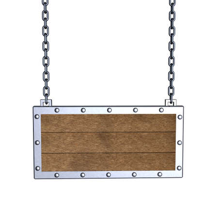 Blank cork signboard with metallic border hanging on chain. Isolated on white background.3D rendering illustration.の写真素材