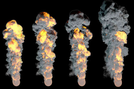Stages of fiery explosion.Isolated on black background.3D rendering illustration.