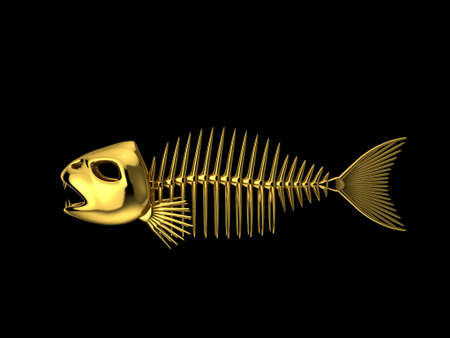 Golden Fish skeleton. Isolated on black background. 3D rendering illustration. の写真素材