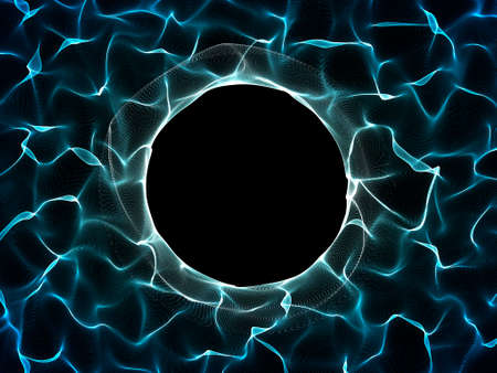 Abstract Wave surface of particles. Black background. Round hole. Digital illustration.の写真素材