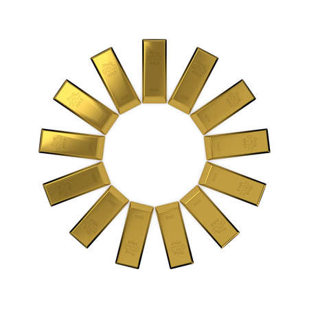Circle from gold bars.Abstract sun.Isolated on white background. 3D rendering illustration.の写真素材
