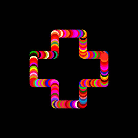 Abstract cross frame of circles. Isolated on black background. Vector colorful illustration.のイラスト素材