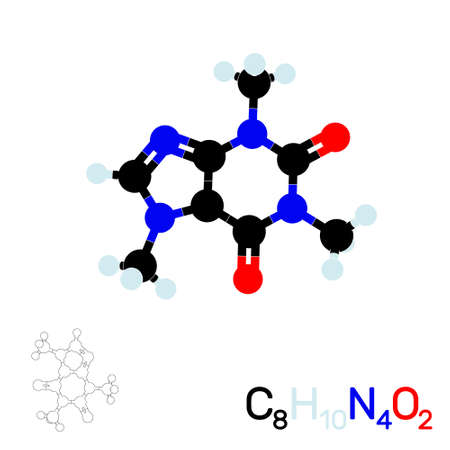 Caffeine model molecule. Isolated on white background. Vector illustration. Flat style.のイラスト素材