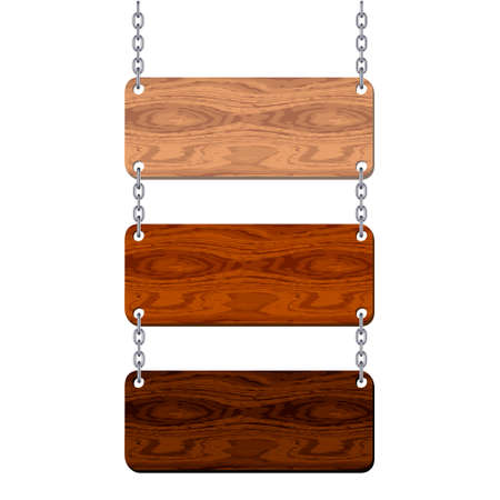Blank wooden signboard set hanging on chain isolated on white background. Vector illustration.のイラスト素材