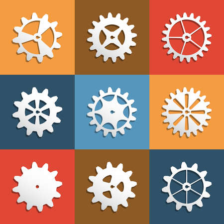 Different white cogwheel set. Isolated on colorful background. Flat style.のイラスト素材