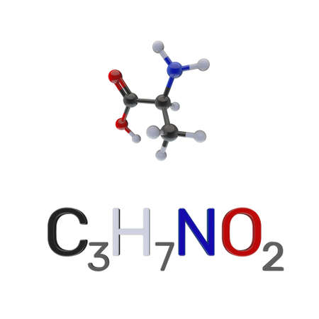 Alanine model molecule. Isolated on white background. 3D rendering illustration.の写真素材