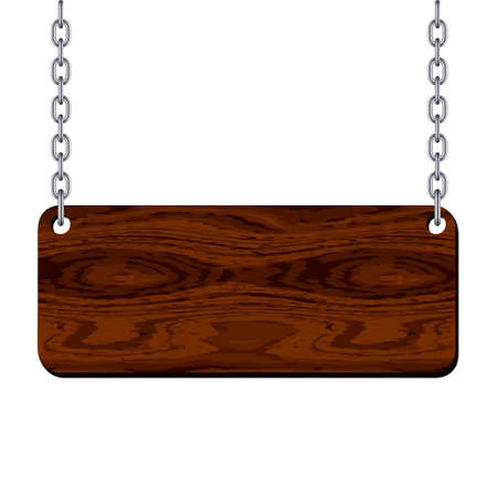 Blank wooden signboard hanging on chain isolated on white background. Vector illustration.のイラスト素材
