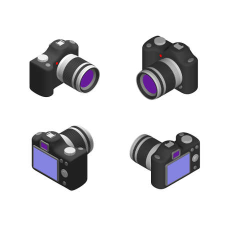 Photo camera set.Isolated on white background. 3d Vector illustration.Isometric style.のイラスト素材