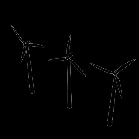 Wind turbin set.Isolated on black  background.Vector outline illustration.のイラスト素材