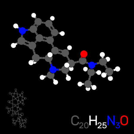 LSD model molecule. Isolated on black background. Vector illustration. Flat style.のイラスト素材
