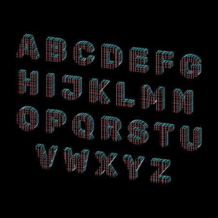 Capital alphabet letters of lines. Isolated on black background. Vector outline illustration. Dimetric view.のイラスト素材