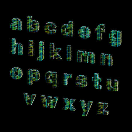 Alphabet letters of lines. Isolated on black background. Vector outline illustration. Dimetric view.のイラスト素材