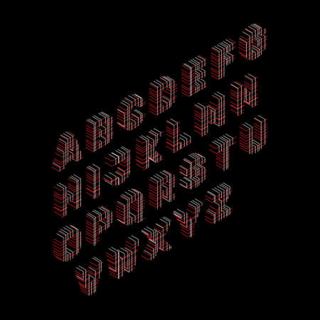 Capital alphabet letters of lines. Isolated on black background. Vector outline illustration. Isometric view.のイラスト素材