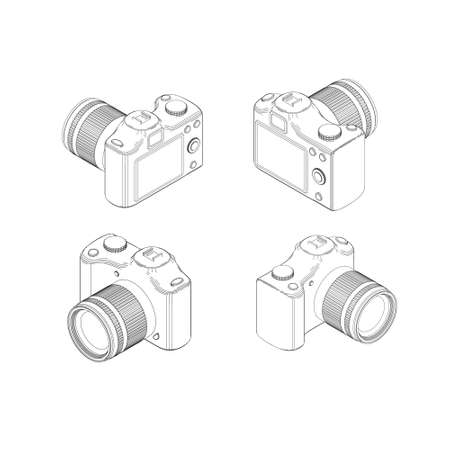 Photo camera set.Isolated on white background. Vector outline illustration.Isometric style.のイラスト素材