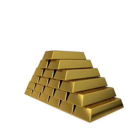 Pyramid from golden bars.Isolated on white background. 3D rendering illustration.の写真素材