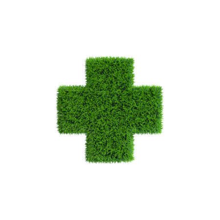 Patch of grass in form of cross. Isolated on white background.3D rendering illustration.