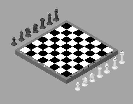 Chess board with figures. Isolated on grey background. Isometric projection. 3d Vector illustration.のイラスト素材