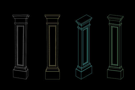 Column pilaster. Isolated on black background. Vector outline illustration. Different viewes.のイラスト素材