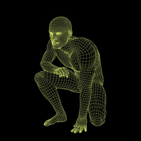 Man sitting on the ground. Wireframe human body. Vector outline illustration.のイラスト素材