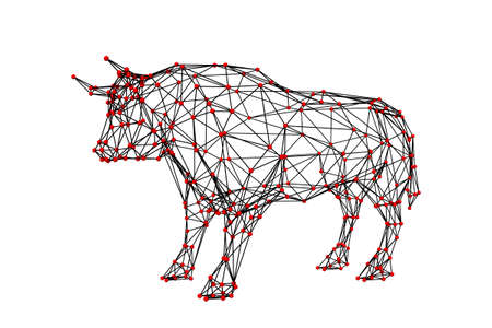 Abstract polygonal bull. Molecular lattice. Isolated on white background. 3d Vector illustration. Side view.のイラスト素材