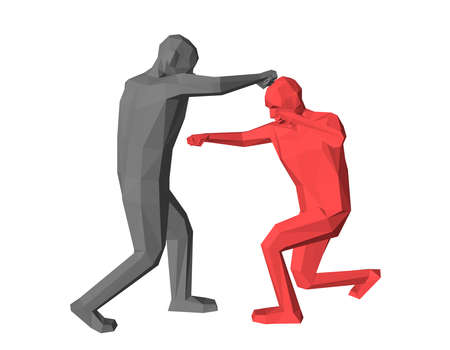Low poly men fighting. Isolated on white background. 3d vector illustration.