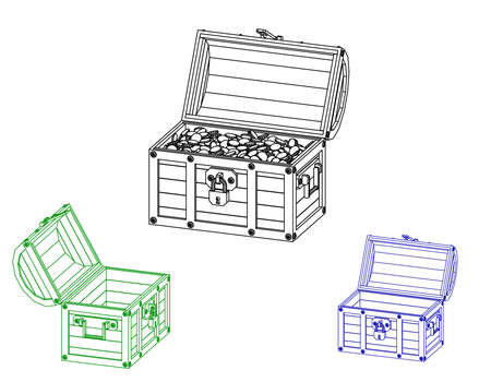 Opened wooden chest. Vector outline illustration. Dimetric projection.のイラスト素材