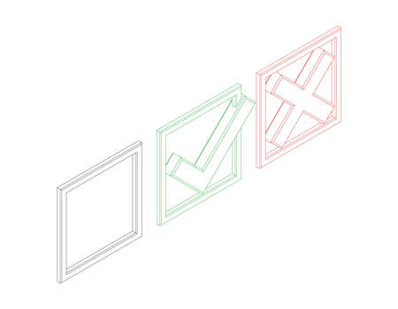 Checkmark icons. Tick and cross sign. Vector outline illustration. Isometric projection.のイラスト素材